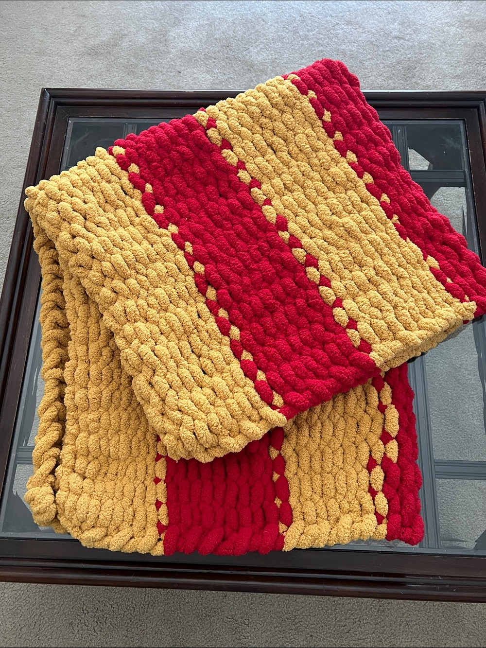 Hand Knit Blanket Chunky Knit Handmade Red Yellow